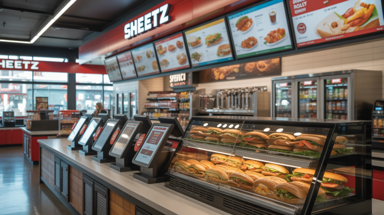 Sheetz modern 24-hour convenience store, kitchen, and fuel canopy illuminated at night
